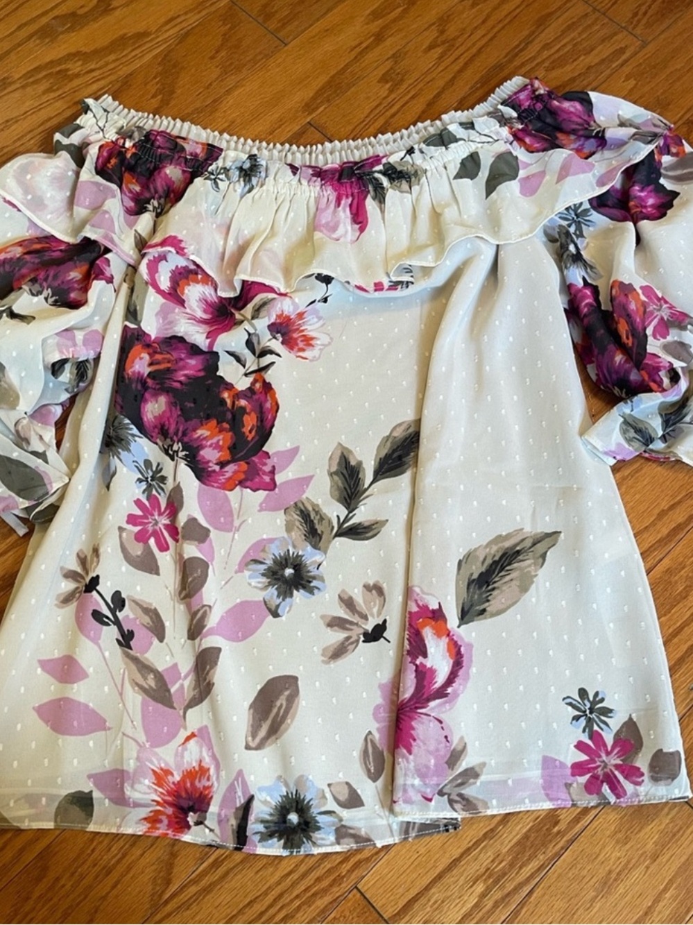 White House Black Market Floral Off Shoulder Ruffle Blouse Size L - Picture 4 of 13